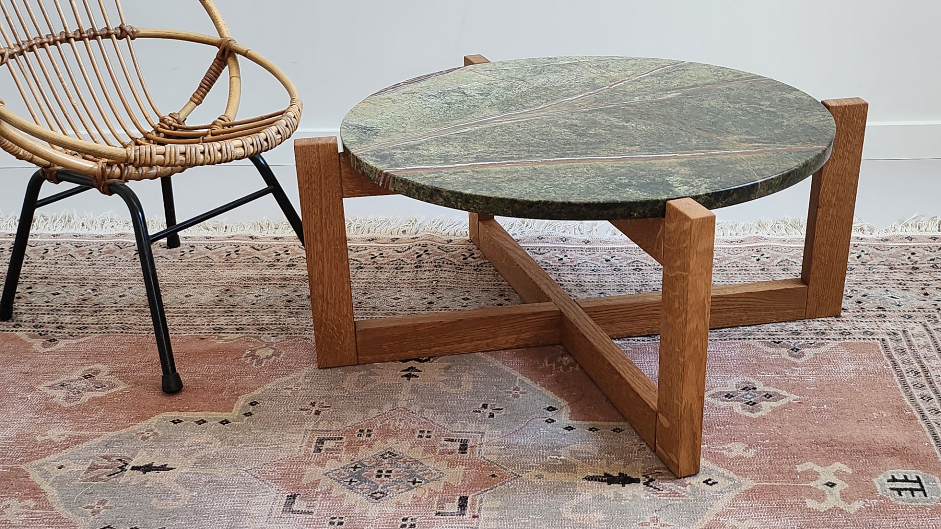 CoffeeTable02 - Oak, Oil, Marble Green Forest, polished